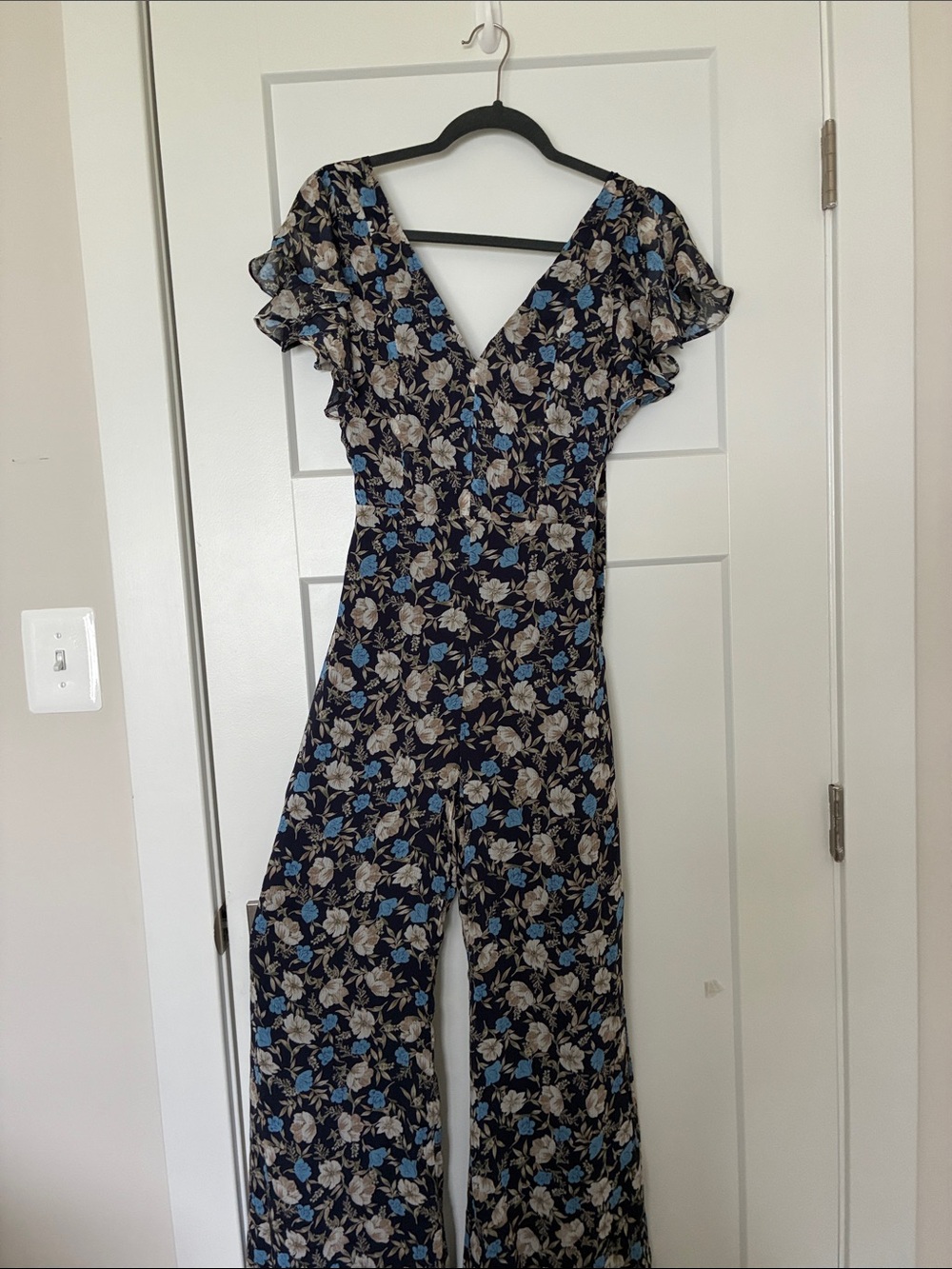 Fate Black Floral V-Neck Wide-Leg Jumpsuit with Blue & Cream Flowers